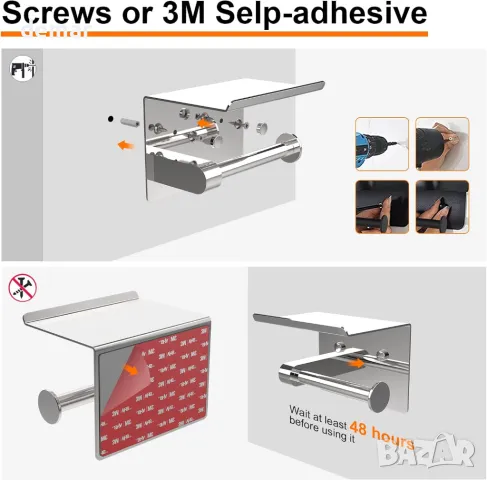 Ibergrif MK34053 Хромирана поставка за тоалетна хартия с рафт, за стенен монтаж или самозалепваща се, снимка 7 - Други стоки за дома - 49885911