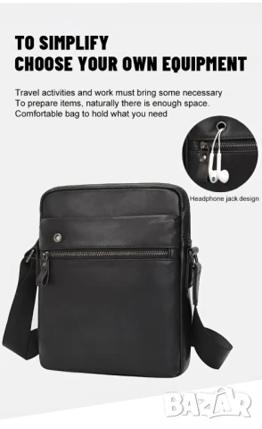Елегантна, Кросбоди Черна Мъжка чанта (с презрамки) Естествена кожа!, снимка 2 - Чанти - 50607233