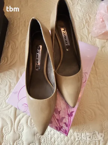 Обувки Tamaris, еко лак, бежов цвят, около 7см ток