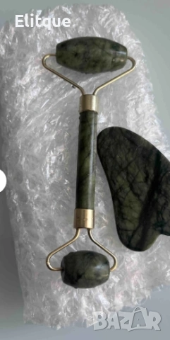 Нефритен масажор за лице с 2 ролки, в комплект с плосък нефритен камък  TV645