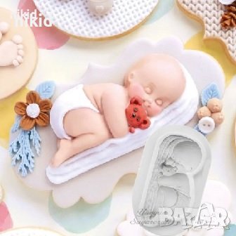 Заспало бебче бебе с мече силиконов молд форма фондан шоколад гипс декор, снимка 1 - Форми - 40761032