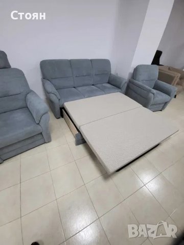 Син комплект тройка с функция сън и два фотьойла от плат "LS404820", снимка 6 - Дивани и мека мебел - 39964682