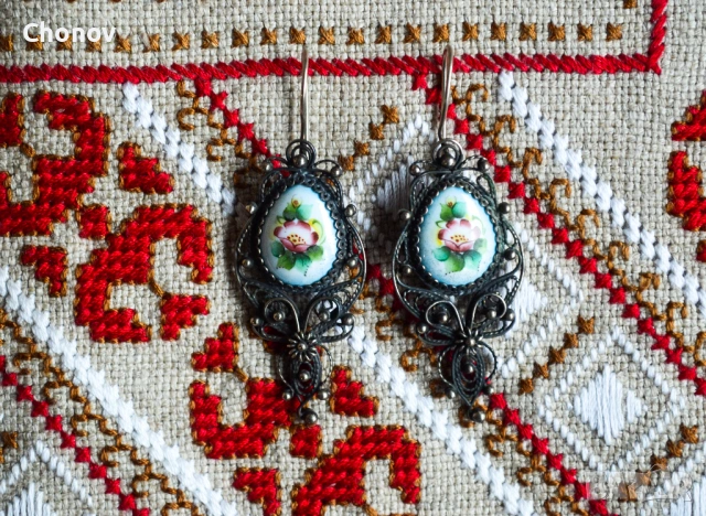 Стари Съветски порцеланови обеци от мелхиор, снимка 3 - Антикварни и старинни предмети - 53282080