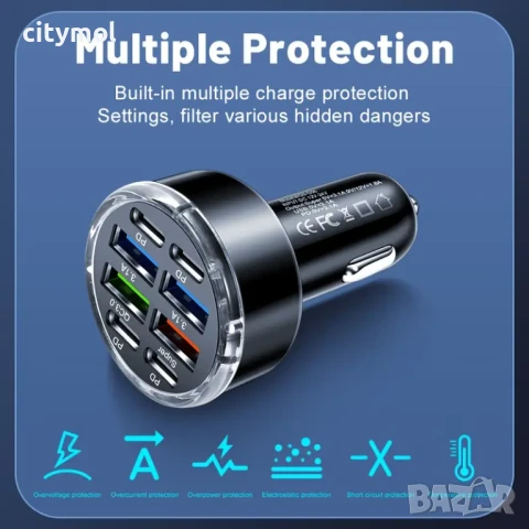 Зарядно за кола с 8 порта 4 x USB  и 4 x Type C порта, Fast Charge, QC 3.0, снимка 2 - Зарядни за кола - 50782345