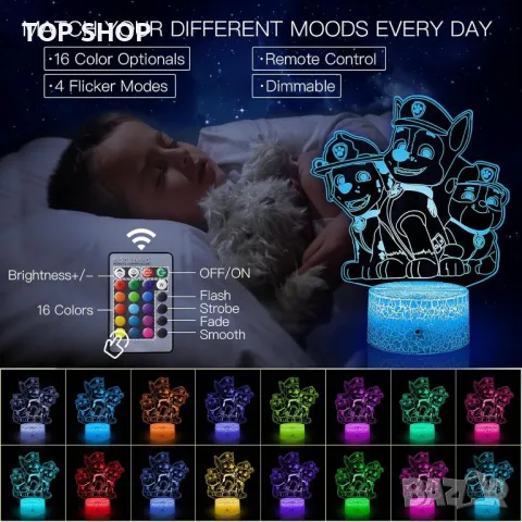 3D LED нощна лампа Paw Dog Patrol,16 цвята, които се променят с дистанционно управление, снимка 2 - Настолни лампи - 48772073