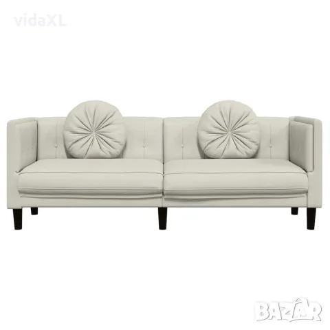 vidaXL Диван с възглавници, 3-местен, кремав, кадифе, снимка 4 - Дивани и мека мебел - 56147461