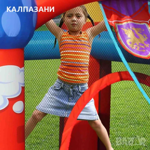 HAPPY HOP Батут замък с дракон, топки и помпа 350x350x245 9022, снимка 4 - Надуваеми играчки - 50446938