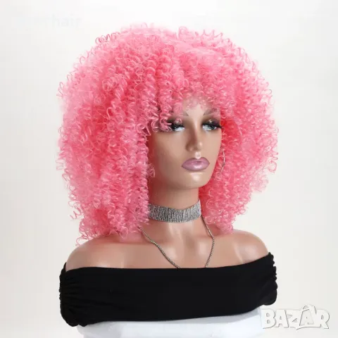 Розова къса афро къдрава перука, снимка 4 - Аксесоари за коса - 50307440