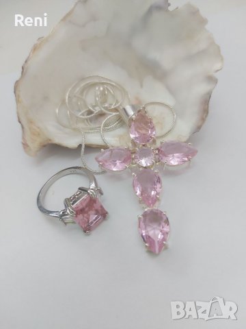 Сет, огромен кръст и пръстен с розови циркони, нов!, снимка 1 - Бижутерийни комплекти - 40233638