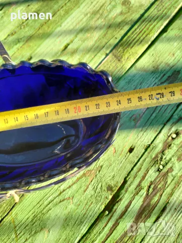 Хромирана кошница с купа от кобалтово синьо стъкло, снимка 2 - Антикварни и старинни предмети - 47990737