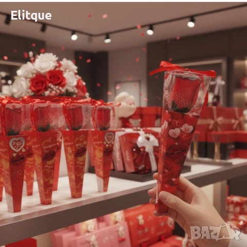 Романтичен букет с червени рози и декоративна лента – перфектен подарък за всека специален повод, снимка 3 - Декорация за дома - 53074055