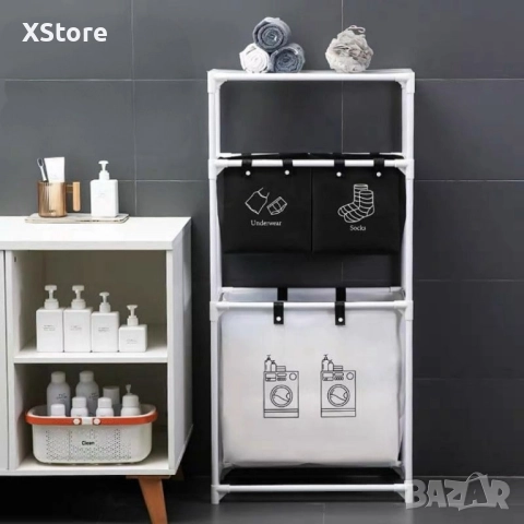 Мултифункционален органазйер за мръсни дрехи с 3 кошници и 3 рафта, снимка 3 - Органайзери - 51539684