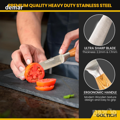 GOLTICH Комплект кухненски ножове от неръждаема стомана 7 части с акрилна въртяща се стойка и точило, снимка 2 - Прибори за хранене, готвене и сервиране - 44798163