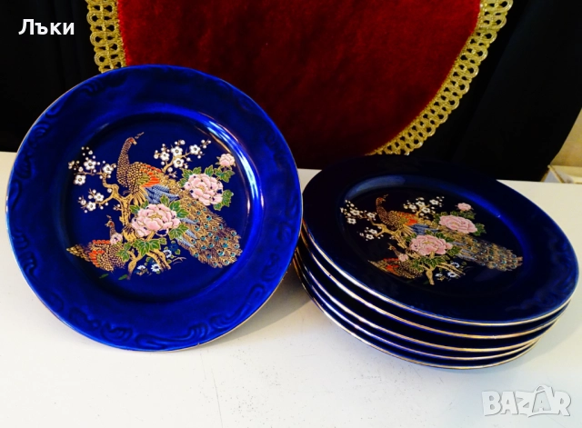 Чиния баварски порцелан,злато,кобалт,пауни. , снимка 3 - Чинии - 51824186