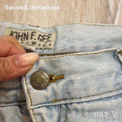 Винтидж мъжки дънки JOHN F GEE W32 L26, бяло-сини, ретро с цип, снимка 4 - Дънки - 53253225