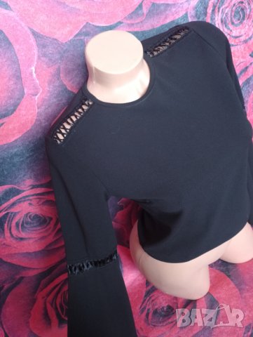 Черна кроп топ блуза с широки ръкави С, снимка 3 - Корсети, бюстиета, топове - 38913711