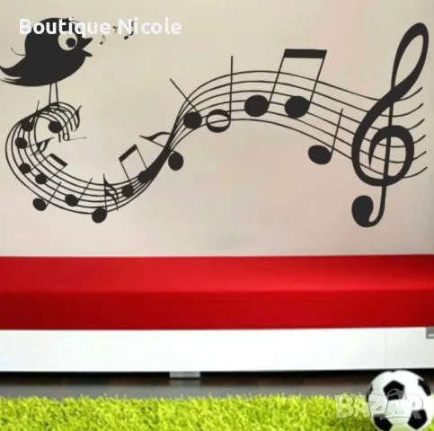 Стикер за стена "Пееща птичка върху петолиние" , снимка 2 - Декорация за дома - 48008641