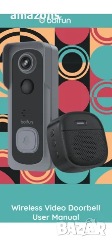 Безжичен видео звънец Boifun 2K HD, нощно виждане, двупосочно аудио