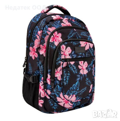 Ученическа раница,  My Way, 33х18х48см, Черна/ цветя