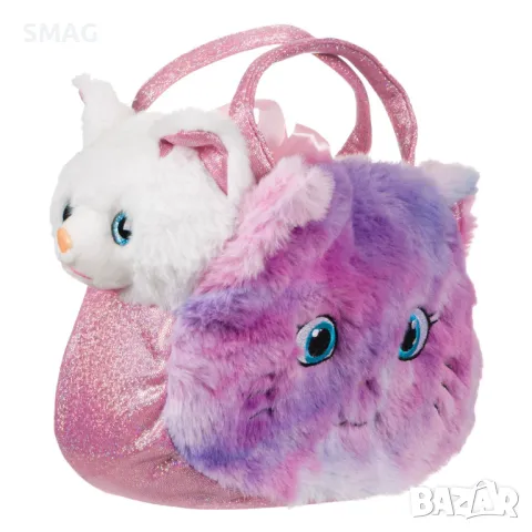 Плюшена бяла котка в чанта с лилав блясък S_1188837