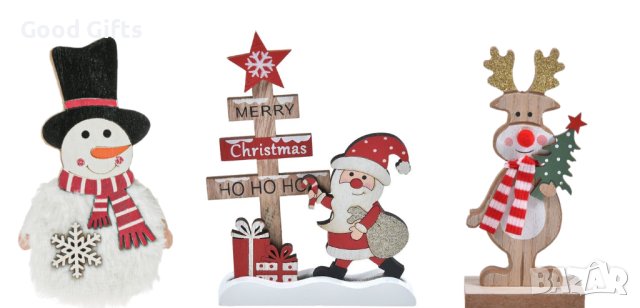 3 броя Дървени коледни фигурки за Коледна украса, Дядо Коледа, Снежен човвек и Елен