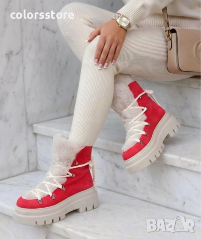 Боти на платформа - червено и бежово велур - BPUH1 