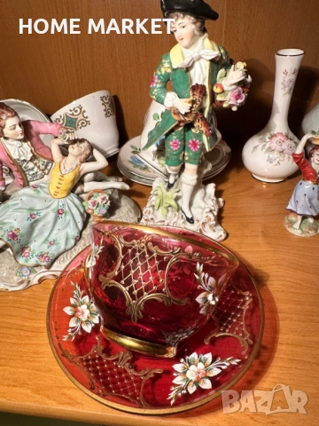 EGERMANN BOHEMIAN RUBY RED CRYSTAL Cup and Saucer - невероятно красив и стилен двоен сет , снимка 6 - Антикварни и старинни предмети - 52638785