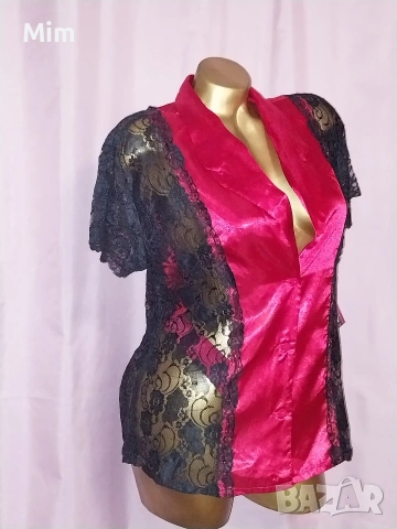 L Сатенена блуза с къс ръкав от червен сатен и черна дантела , снимка 3 - Корсети, бюстиета, топове - 53626701