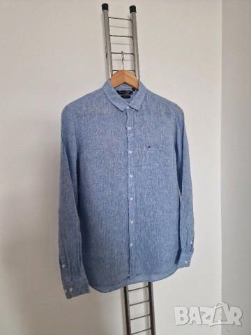 Страхотна мъжка ленена риза TOMMY HILFIGER размер M, снимка 5 - Ризи - 53633394