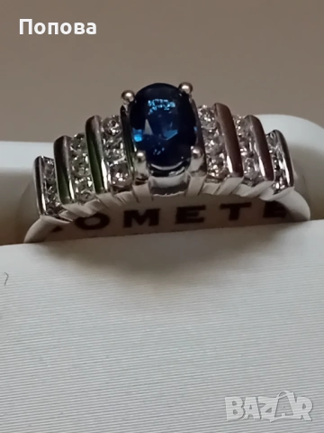 18 к. злато с диаманти и сапфир /златен пръстен бяло злато