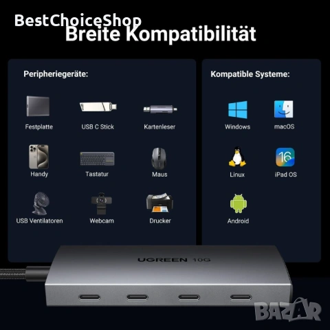 UGREEN 10Gbps USB C Хъб 4 Порта Мултипорт Сплитер – Съвместим с MacBook, iPad, iPhone, снимка 4 - Кабели и адаптери - 53420887