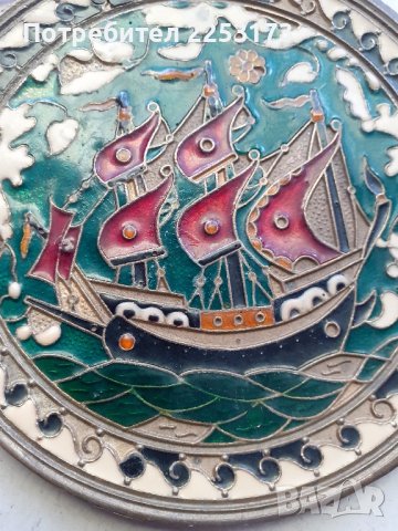 Рисувана месингова чиния за стена с морски мотив, снимка 5 - Декорация за дома - 41813889