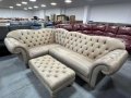 Бежов кожен ъглов диван и табуретка тип Честърфилд, снимка 6