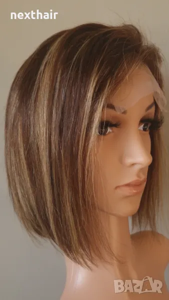 Бразилска човешка коса естествена кафява перука с руси кичури 4x4 дантела, снимка 1