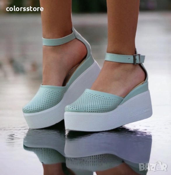 Сандали на платформа - мента кожа с бяло ходило - SM150, снимка 1