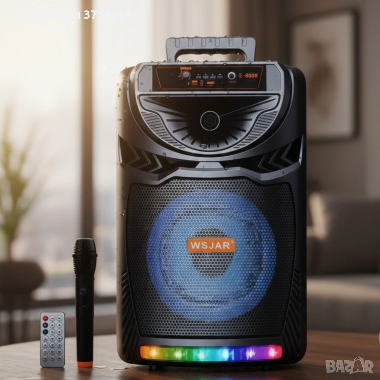WSJAR E-8809 - Bluetooth караоке колона с безжичен микрофон – 8,5″ говорител, LED светлини, TWS и FM, снимка 1