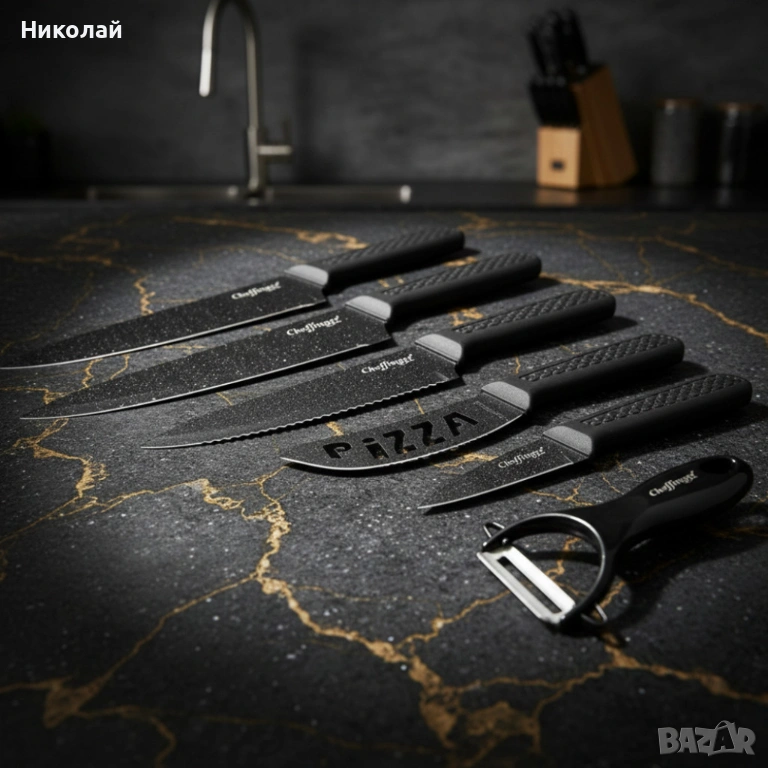 Комплект кухненски ножове – Cheffinger CF-MB08 от 6 части с мраморно покритие и магнитна кутия, снимка 1