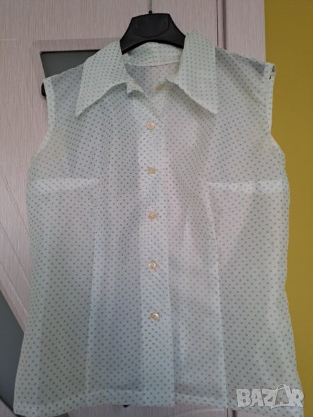Дамска блуза риза без ръкав бяла на сини точки, снимка 1