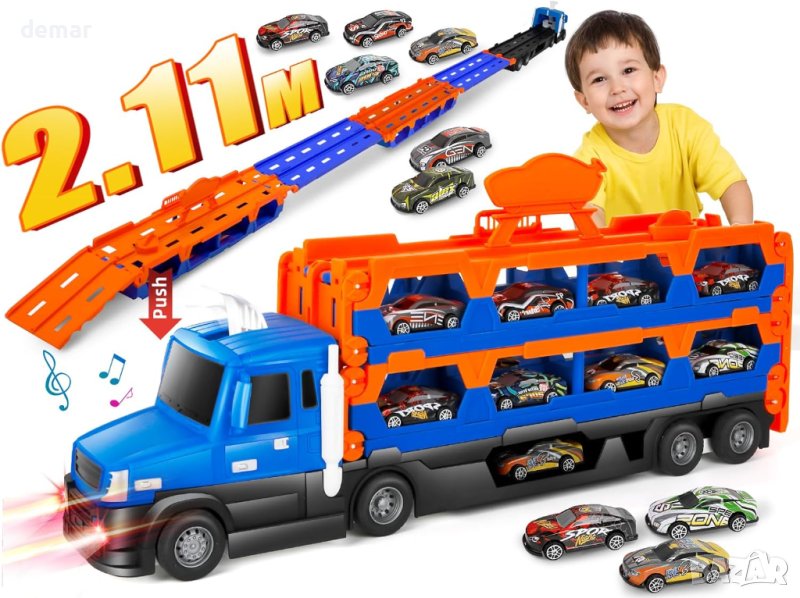 m zimoon Транспортен камион с 10 мини състезателни коли и състезателна писта, играчка за деца, снимка 1