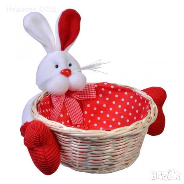 Великденска декорация, 3D заек с плетена кошница , 19x9 см, Червено/ бяло/ точки , снимка 1