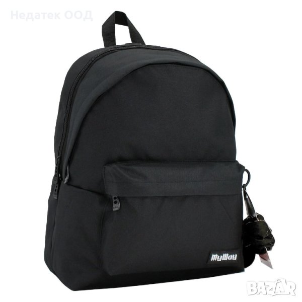 Ученическа раница, My Way, Подсилен гръб, Подарък бандана, Черна, снимка 1