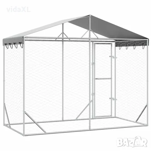 vidaXL Външна клетка за куче с покрив сребриста 3x1,5x2,5 м стомана, снимка 6 - За кучета - 56146223