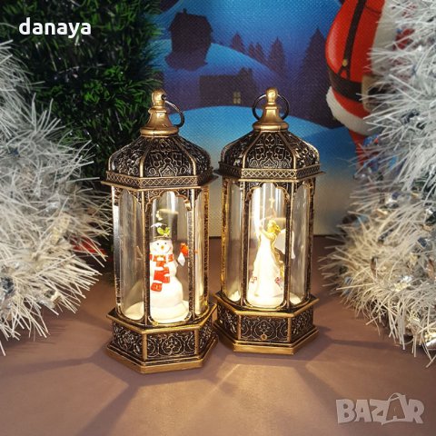 2500 Светещ коледен Led фенер с декорация Ангел и Снежко, 14см