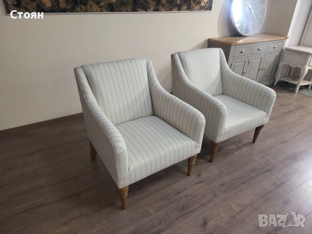 Два броя кремави фотьойли от плат на райета, снимка 5 - Дивани и мека мебел - 53802746