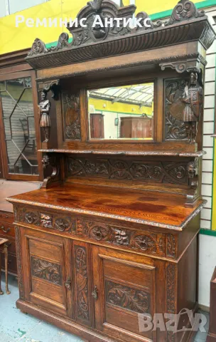 Викториански бюфет от дъб с шкаф, дърворезба и огледало, снимка 6 - Секции и витрини - 47661398