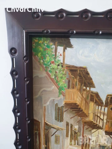Kazakos 82х67см Казакос/голяма стара гръцка картина масло върху платно/възрожденски къщи/дърворезба, снимка 9 - Картини - 51404425