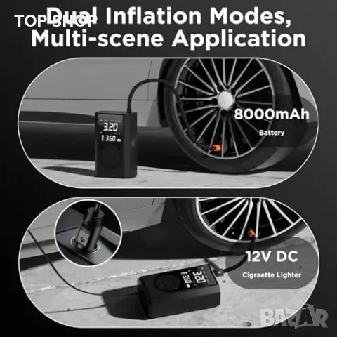 Нов Мощен компресор за гуми 150PSI, 8000mAh, LED дисплей, 12V Помпа кола, снимка 4 - Друга електроника - 49945109