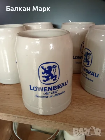 🔥 Ретро класика от Мюнхен! 5 бр. оригинални немски глинени халби Löwenbräu (West Germany),нови, снимка 4 - Чаши - 55726017