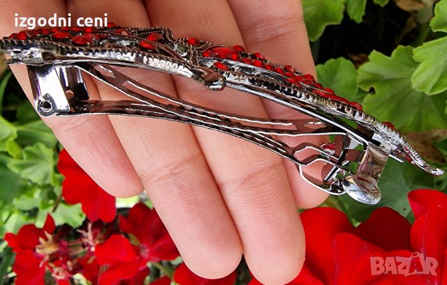 Луксозна шнола с метален механизъм с форма на листо, обкичена с червени кристали , снимка 2 - Аксесоари за коса - 39043759