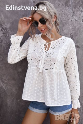 Дамска памучна блуза с дълъг ръкав в бяло, снимка 3 - Блузи с дълъг ръкав и пуловери - 39881436